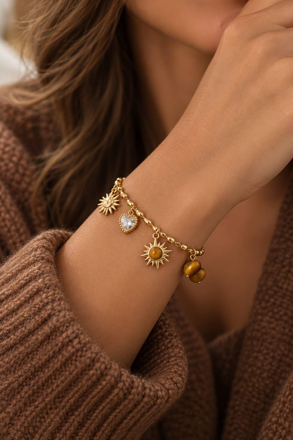 Parure collier bracelet charms soleil pierre œil tigre doré