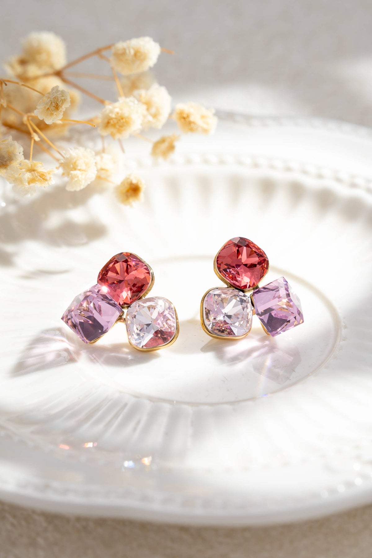 Boucles oreilles 3 cristaux dégradé couleur facetté  élégant