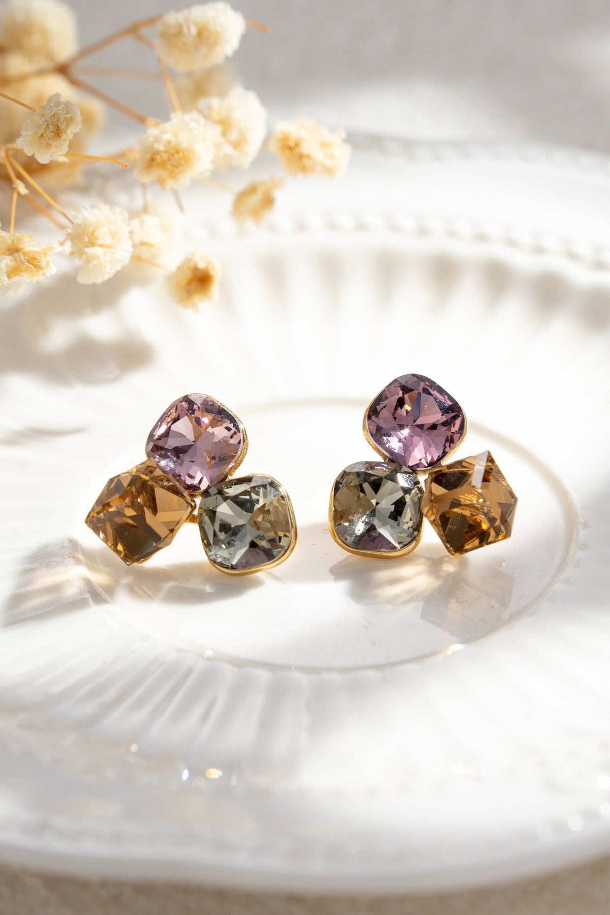 Boucles oreilles 3 cristaux dégradé couleur facetté  élégant