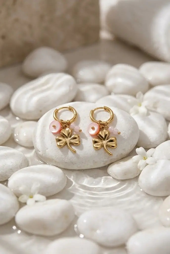 Boucles d’Oreilles Trèfle Doré & Perles Roses Créoles