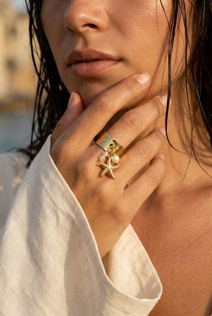 Bague Dorée Charms Étoile de Mer Perle Marine Bohème Chic