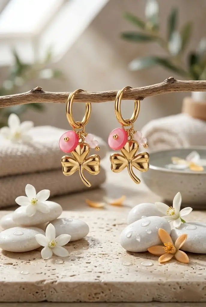 Boucles d’Oreilles Trèfle Doré & Perles Roses Créoles
